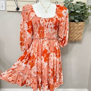 KLD Orange White Floral Smocked Dress Puff Sleeves Open Back Ruffle Skirt Medium